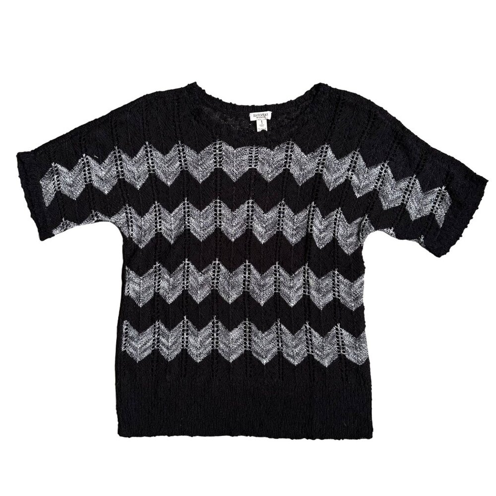 2/$18 SALE! Chicos Open Knit Sweater Womens M Chevron Black‎ Textured Oversized